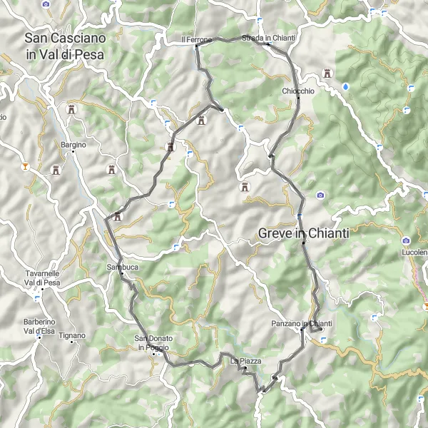 Zemljevid v pomanjšavi "Road Cycling Tour near Strada in Chianti" kolesarske inspiracije v Toscana, Italy. Generirano z načrtovalcem kolesarskih poti Tarmacs.app