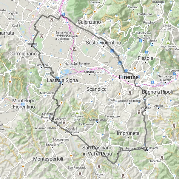 Miniatua del mapa de inspiración ciclista "Exploración escénica de los alrededores de Chianti" en Toscana, Italy. Generado por Tarmacs.app planificador de rutas ciclistas