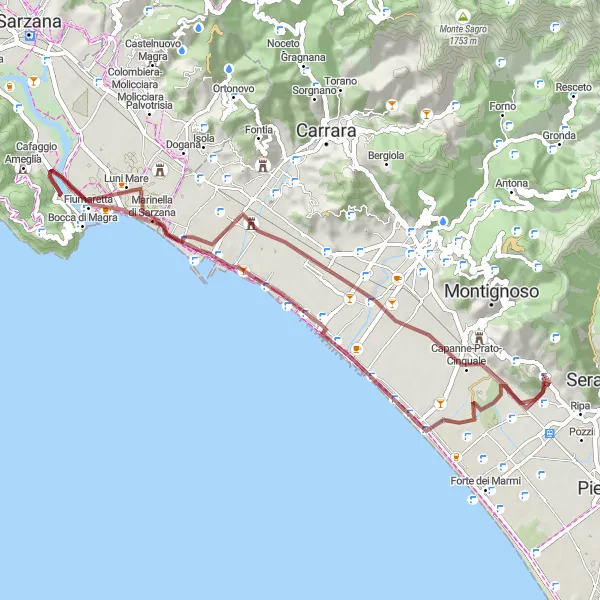 Map miniature of "Exploring the Gravel Paths of Sarzana" cycling inspiration in Toscana, Italy. Generated by Tarmacs.app cycling route planner