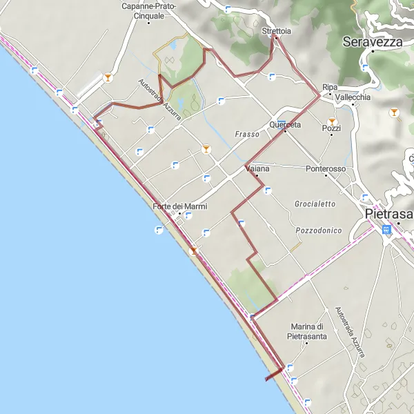 Kartminiatyr av "Grusvägscykling runt Strettoia" cykelinspiration i Toscana, Italy. Genererad av Tarmacs.app cykelruttplanerare
