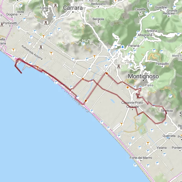 Zemljevid v pomanjšavi "Marina di Carrara Gravel Cycling Adventure" kolesarske inspiracije v Toscana, Italy. Generirano z načrtovalcem kolesarskih poti Tarmacs.app