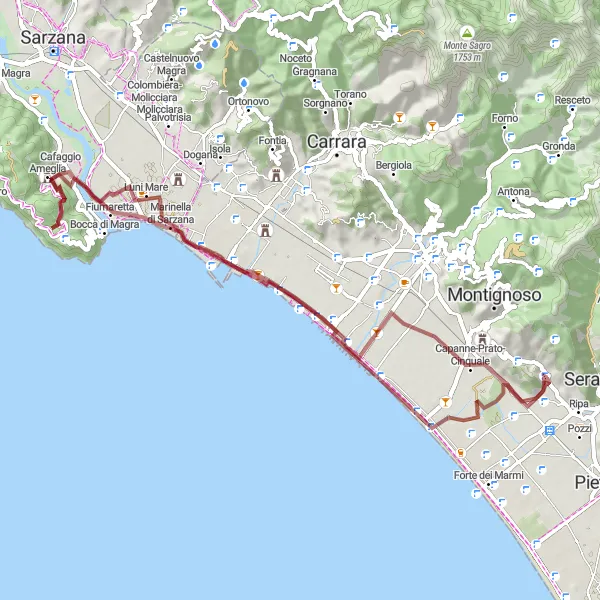 Miniaturní mapa "Gravel route through Ronchi, Marinella di Sarzana, Luni Mare and Castello Aghinolfi" inspirace pro cyklisty v oblasti Toscana, Italy. Vytvořeno pomocí plánovače tras Tarmacs.app