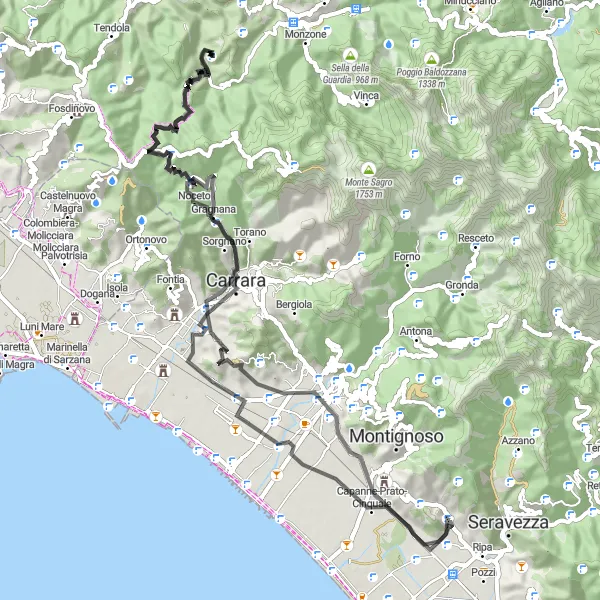 Map miniature of "The Mountain Loop" cycling inspiration in Toscana, Italy. Generated by Tarmacs.app cycling route planner