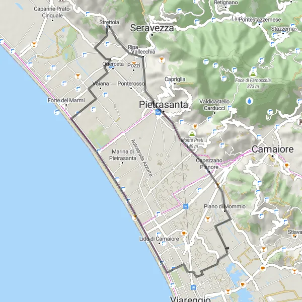 Karttaminiaatyyri "Monte Regoli ja Lido di Camaiore" pyöräilyinspiraatiosta alueella Toscana, Italy. Luotu Tarmacs.app pyöräilyreittisuunnittelijalla