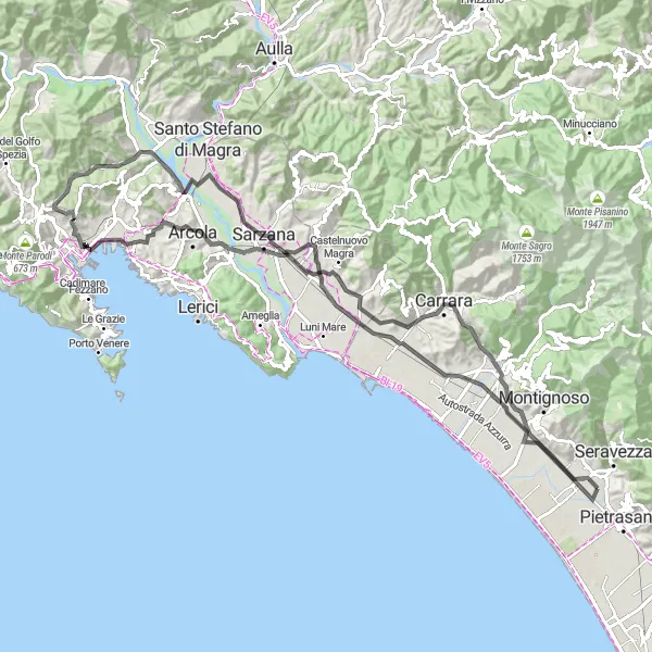 Miniatua del mapa de inspiración ciclista "Ruta al Monte di Pasta y Fortezza Firmafede" en Toscana, Italy. Generado por Tarmacs.app planificador de rutas ciclistas