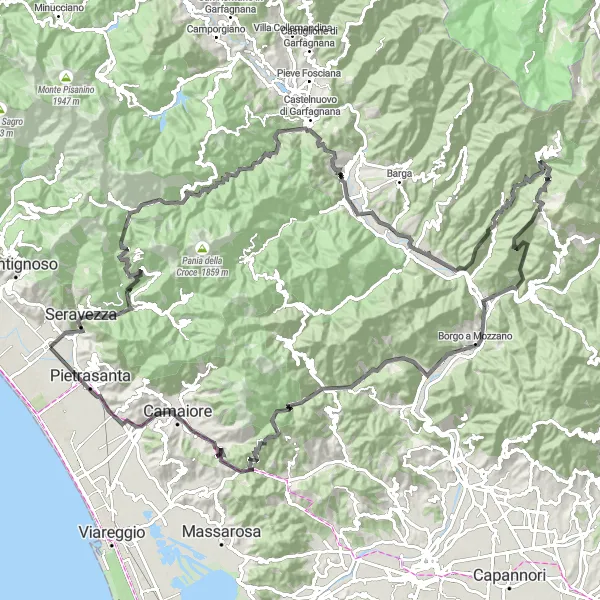 Karttaminiaatyyri "Vuoristoreitti Quercetan ympäristössä" pyöräilyinspiraatiosta alueella Toscana, Italy. Luotu Tarmacs.app pyöräilyreittisuunnittelijalla
