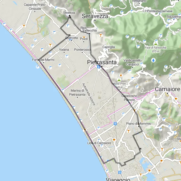 Miniatua del mapa de inspiración ciclista "Ruta escénica por la costa de Versilia" en Toscana, Italy. Generado por Tarmacs.app planificador de rutas ciclistas