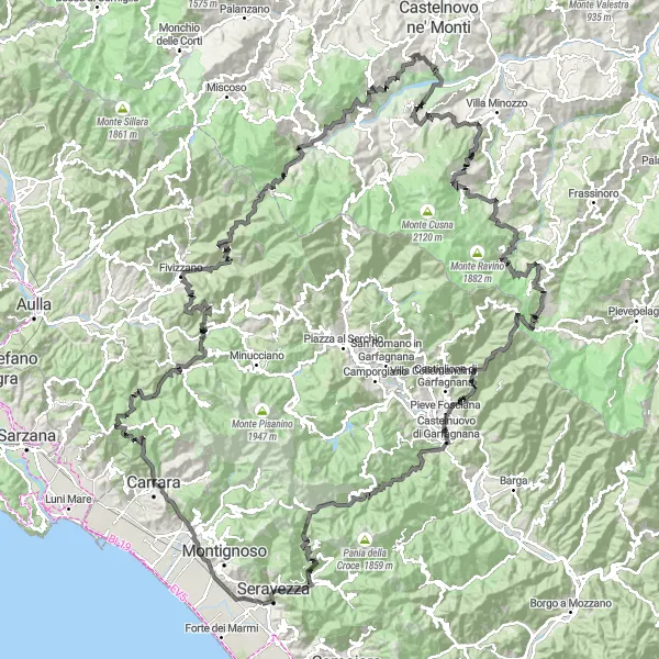 Miniatua del mapa de inspiración ciclista "Explorando la Garfagnana y los Apeninos" en Toscana, Italy. Generado por Tarmacs.app planificador de rutas ciclistas