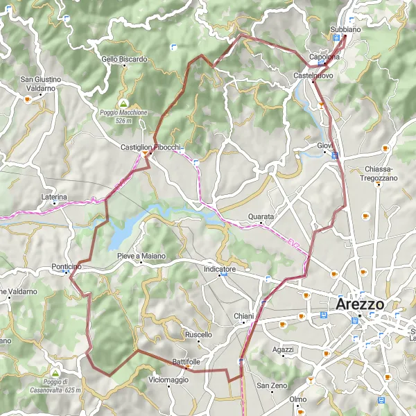 Map miniature of "The Gravel Escape of Subbiano" cycling inspiration in Toscana, Italy. Generated by Tarmacs.app cycling route planner