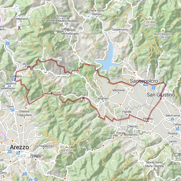 Map miniature of "The Gravel Adventure of Subbiano" cycling inspiration in Toscana, Italy. Generated by Tarmacs.app cycling route planner