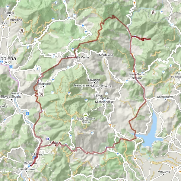 Map miniature of "The Gravel Expedition of Subbiano" cycling inspiration in Toscana, Italy. Generated by Tarmacs.app cycling route planner