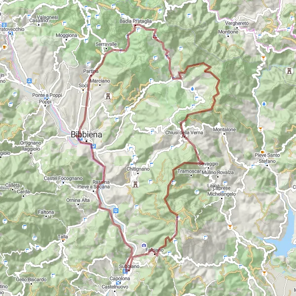 Map miniature of "Subbiano Gravel Loop" cycling inspiration in Toscana, Italy. Generated by Tarmacs.app cycling route planner