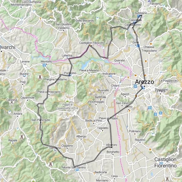 Miniaturní mapa "Cyklistická trasa Arezzo-Pergine Valdarno-Capolona" inspirace pro cyklisty v oblasti Toscana, Italy. Vytvořeno pomocí plánovače tras Tarmacs.app