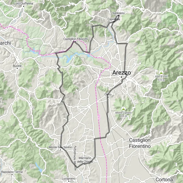 Miniatuurkaart van de fietsinspiratie "Road route Arezzo verkennen" in Toscana, Italy. Gemaakt door de Tarmacs.app fietsrouteplanner