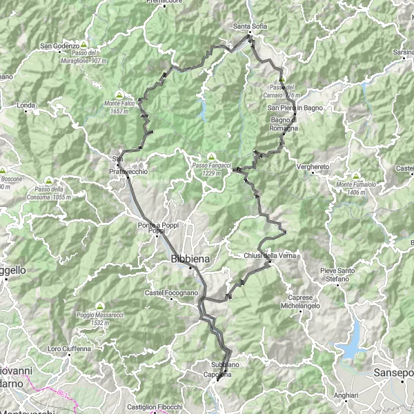 Miniatura della mappa di ispirazione al ciclismo "Avventura su Strada da Monte Lupone a Chitignano" nella regione di Toscana, Italy. Generata da Tarmacs.app, pianificatore di rotte ciclistiche