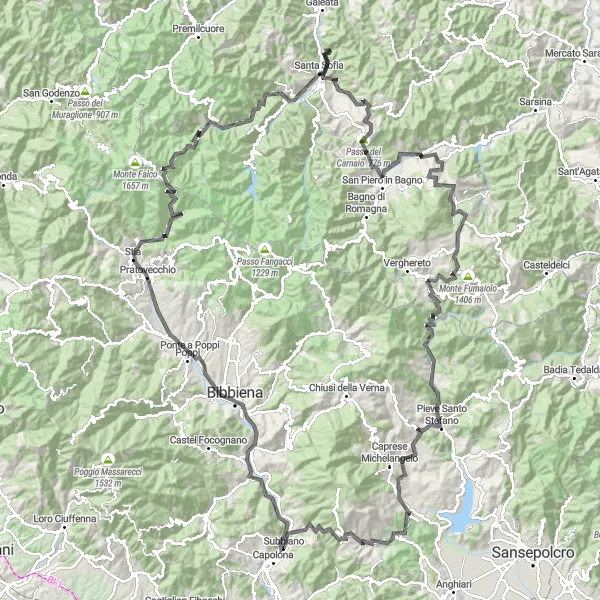 Map miniature of "The Road Cycling Adventure of Subbiano" cycling inspiration in Toscana, Italy. Generated by Tarmacs.app cycling route planner