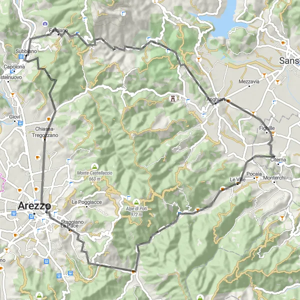 Miniatura della mappa di ispirazione al ciclismo "Road Monte della Croce Adventure" nella regione di Toscana, Italy. Generata da Tarmacs.app, pianificatore di rotte ciclistiche