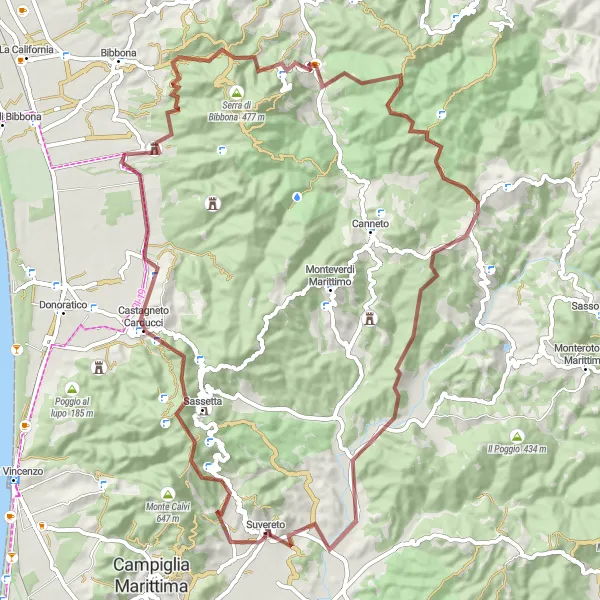 Mapa miniatúra "Gravelová okružná cyklistická trasa od Suvereta" cyklistická inšpirácia v Toscana, Italy. Vygenerované cyklistickým plánovačom trás Tarmacs.app