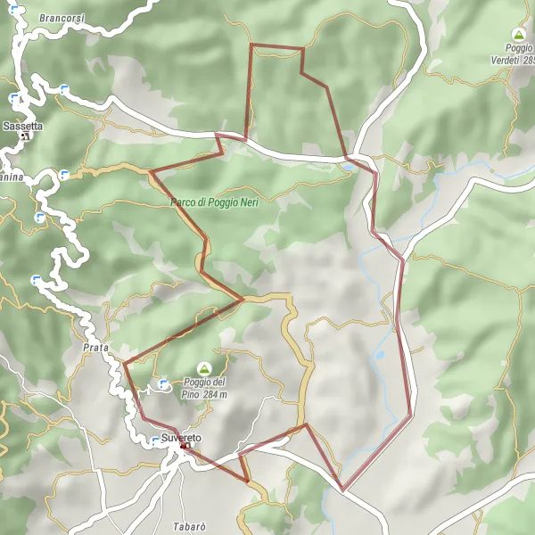 Miniaturní mapa "Krátká okružní cesta kolem Suvereta - Gravel" inspirace pro cyklisty v oblasti Toscana, Italy. Vytvořeno pomocí plánovače tras Tarmacs.app