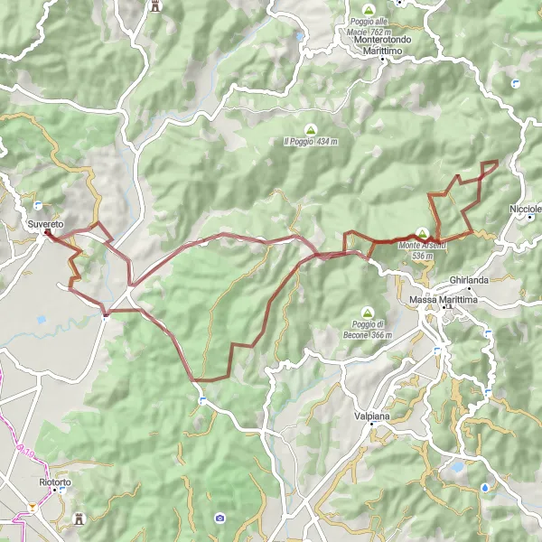 Miniaturní mapa "Okružní cesta kolem Suvereta - Gravel" inspirace pro cyklisty v oblasti Toscana, Italy. Vytvořeno pomocí plánovače tras Tarmacs.app