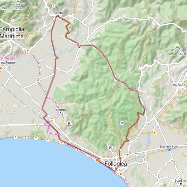 Mapa miniatúra "Gravel route Suvereto - Rocca Aldobrandesca" cyklistická inšpirácia v Toscana, Italy. Vygenerované cyklistickým plánovačom trás Tarmacs.app