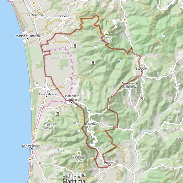 Miniatura della mappa di ispirazione al ciclismo "Avventura in gravel tra Suvereto e Poggio Neri" nella regione di Toscana, Italy. Generata da Tarmacs.app, pianificatore di rotte ciclistiche