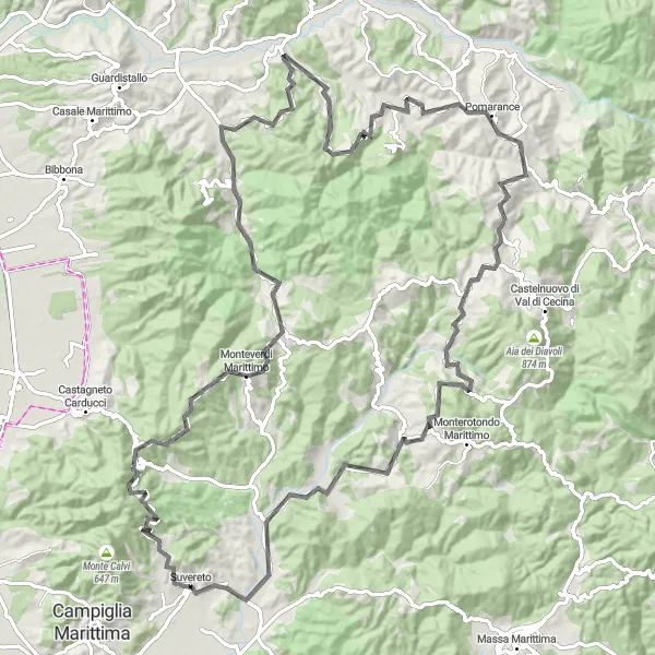 Miniatura della mappa di ispirazione al ciclismo "Avventurosa pedalata tra Suvereto e Lago Boracifero" nella regione di Toscana, Italy. Generata da Tarmacs.app, pianificatore di rotte ciclistiche