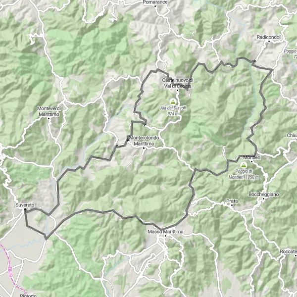 Miniatua del mapa de inspiración ciclista "Ruta en carretera desde Suvereto" en Toscana, Italy. Generado por Tarmacs.app planificador de rutas ciclistas