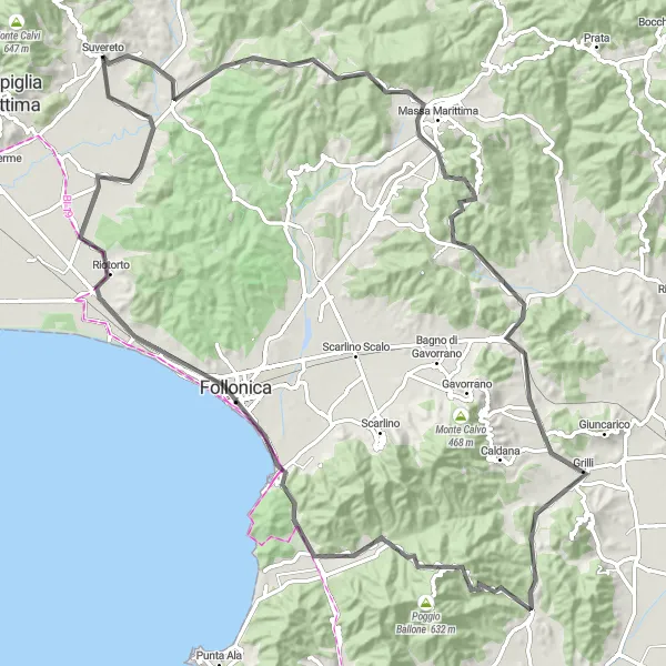 Miniatura della mappa di ispirazione al ciclismo "Giro in bici tra Suvereto e Rocca Aldobrandesca" nella regione di Toscana, Italy. Generata da Tarmacs.app, pianificatore di rotte ciclistiche