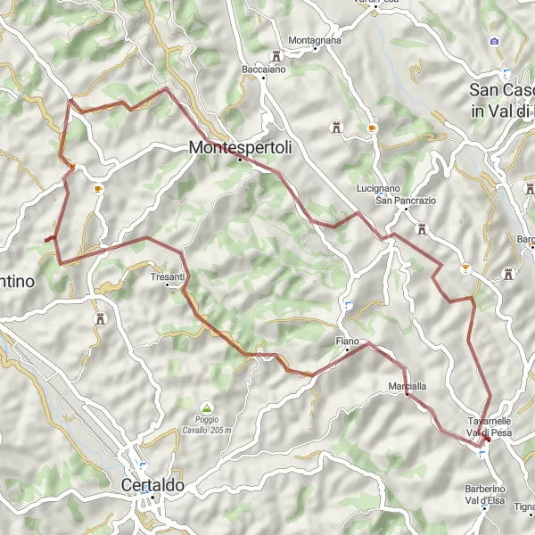 Miniatuurkaart van de fietsinspiratie "Gravelroute Tavarnelle Val di Pesa - Lucignano - Bonazza" in Toscana, Italy. Gemaakt door de Tarmacs.app fietsrouteplanner
