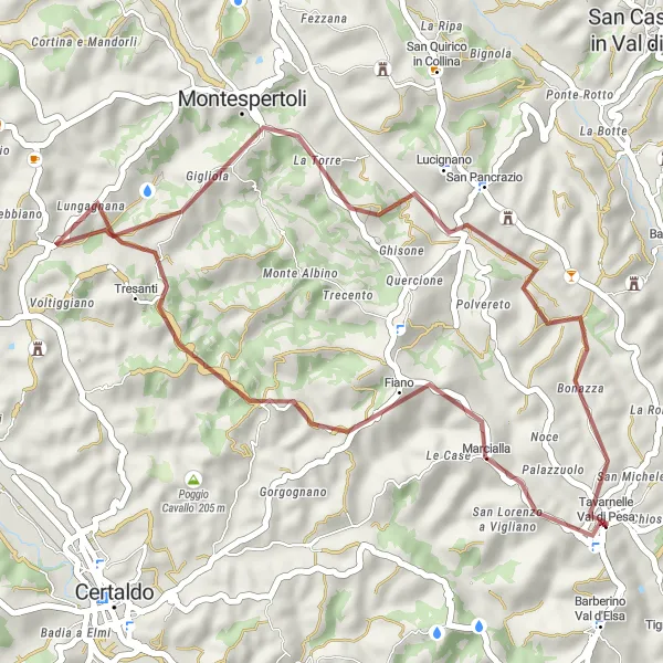 Miniatura della mappa di ispirazione al ciclismo "Percorso in Gravel tra Borghi Toscani" nella regione di Toscana, Italy. Generata da Tarmacs.app, pianificatore di rotte ciclistiche