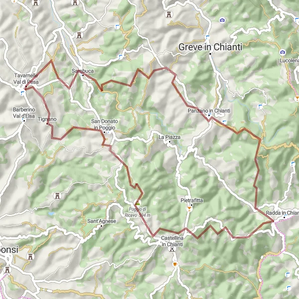 Miniaturní mapa "Gravelová cyklotrasa kolem Tavarnelle Val di Pesa" inspirace pro cyklisty v oblasti Toscana, Italy. Vytvořeno pomocí plánovače tras Tarmacs.app