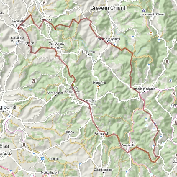 Karttaminiaatyyri "Maalauksellinen Chianti -reitti" pyöräilyinspiraatiosta alueella Toscana, Italy. Luotu Tarmacs.app pyöräilyreittisuunnittelijalla