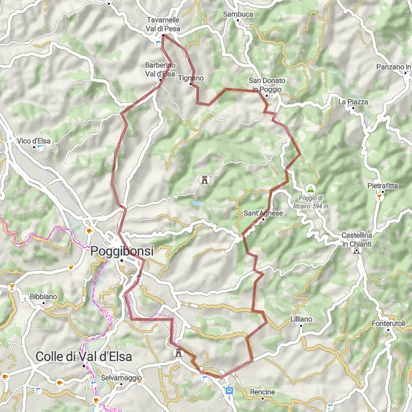 Kartminiatyr av "Gruset sykkeltur fra Tavarnelle Val di Pesa" sykkelinspirasjon i Toscana, Italy. Generert av Tarmacs.app sykkelrutoplanlegger