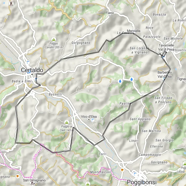 Zemljevid v pomanjšavi "Kolesarska pot od Tavarnelle Val di Pesa" kolesarske inspiracije v Toscana, Italy. Generirano z načrtovalcem kolesarskih poti Tarmacs.app