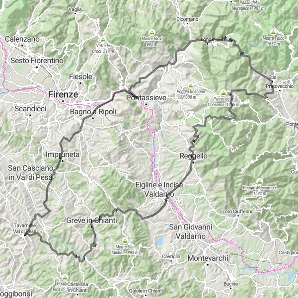 Mapa miniatúra "Cestovanie po vinohradoch toskánskej krajiny" cyklistická inšpirácia v Toscana, Italy. Vygenerované cyklistickým plánovačom trás Tarmacs.app