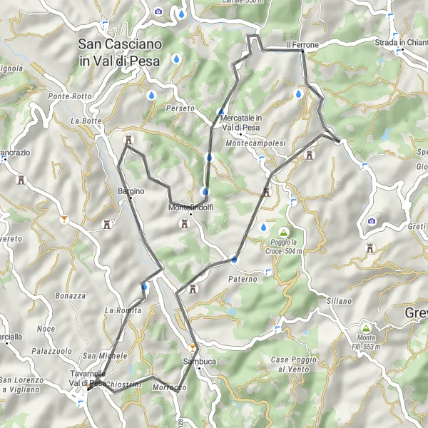 Miniatua del mapa de inspiración ciclista "Ruta por las colinas de Toscana" en Toscana, Italy. Generado por Tarmacs.app planificador de rutas ciclistas
