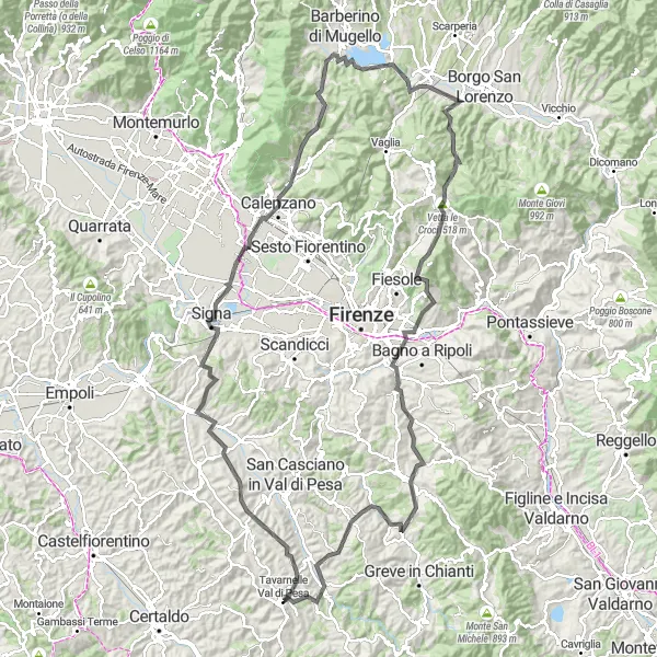 Karttaminiaatyyri "Firenzen ympäristön kierros" pyöräilyinspiraatiosta alueella Toscana, Italy. Luotu Tarmacs.app pyöräilyreittisuunnittelijalla