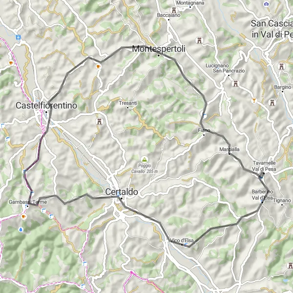 Miniatuurkaart van de fietsinspiratie "Rondrit Tavarnelle Val di Pesa - Monte Petri - Certaldo" in Toscana, Italy. Gemaakt door de Tarmacs.app fietsrouteplanner
