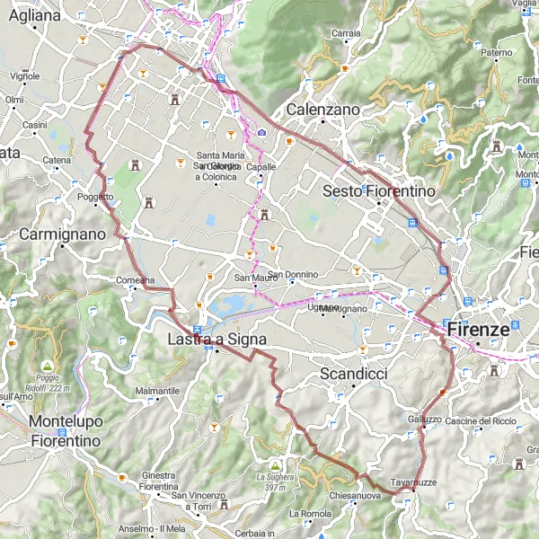 Mapa miniatúra "Gravelová cyklotrasa blízko Tavarnuzze" cyklistická inšpirácia v Toscana, Italy. Vygenerované cyklistickým plánovačom trás Tarmacs.app