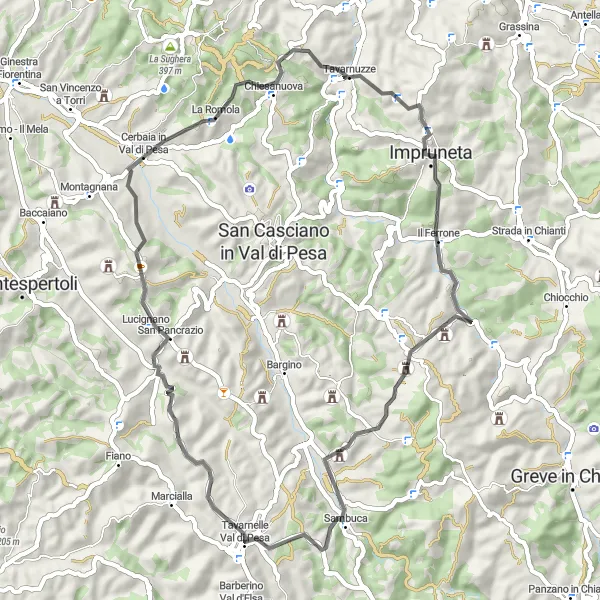 Karttaminiaatyyri "Rengasreitti Tavarnuzzesta Monte di Meccoliin ja Baruffiin" pyöräilyinspiraatiosta alueella Toscana, Italy. Luotu Tarmacs.app pyöräilyreittisuunnittelijalla