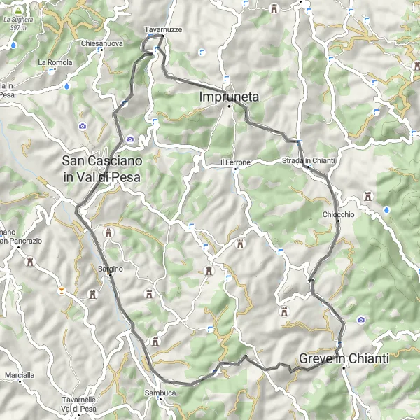 Kartminiatyr av "Cykla till Monte delle Sante Marie och Montefioralle" cykelinspiration i Toscana, Italy. Genererad av Tarmacs.app cykelruttplanerare