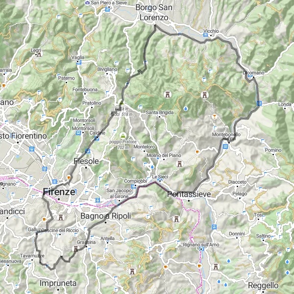 Miniature de la carte de l'inspiration cycliste "Tour du Monte di Meccoli" dans la Toscana, Italy. Générée par le planificateur d'itinéraire cycliste Tarmacs.app