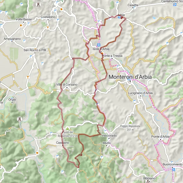 Karten-Miniaturansicht der Radinspiration "Malerische Gravel-Tour um Taverne d'Arbia" in Toscana, Italy. Erstellt vom Tarmacs.app-Routenplaner für Radtouren