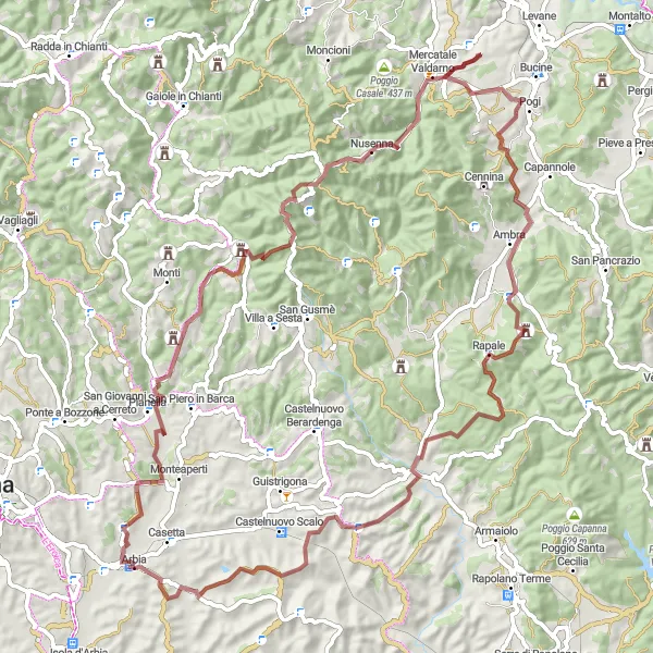 Miniature de la carte de l'inspiration cycliste "Itinéraire en gravel autour de Taverne d'Arbia" dans la Toscana, Italy. Générée par le planificateur d'itinéraire cycliste Tarmacs.app