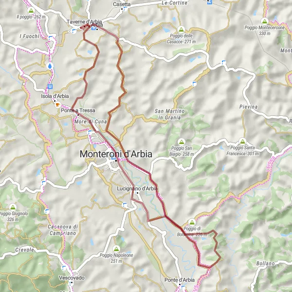 Kartminiatyr av "Graveläventyr runt Taverne D'Arbia" cykelinspiration i Toscana, Italy. Genererad av Tarmacs.app cykelruttplanerare