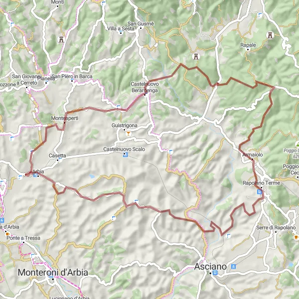 Miniatura mapy "Pętla rowerowa Gravel w pobliżu Taverne D'Arbia" - trasy rowerowej w Toscana, Italy. Wygenerowane przez planer tras rowerowych Tarmacs.app