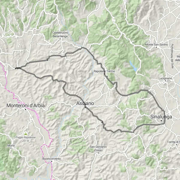 Karttaminiaatyyri "Challenging Hills of Toscana Road Cycling" pyöräilyinspiraatiosta alueella Toscana, Italy. Luotu Tarmacs.app pyöräilyreittisuunnittelijalla