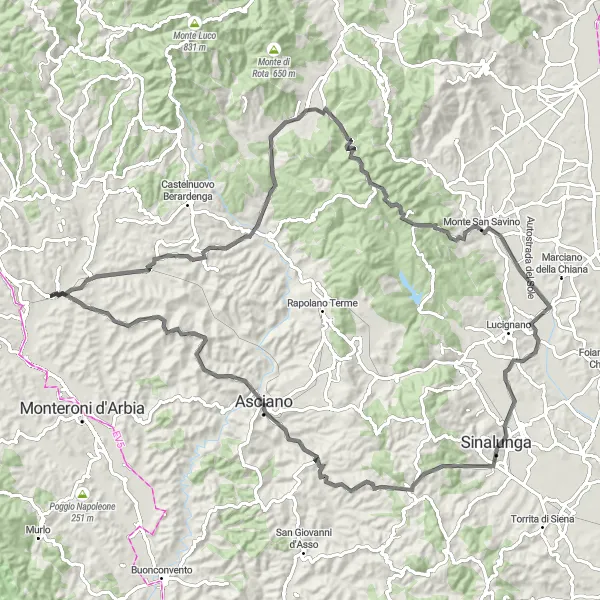 Miniatura mapy "Trasa Szosowa Poggio Muricci" - trasy rowerowej w Toscana, Italy. Wygenerowane przez planer tras rowerowych Tarmacs.app