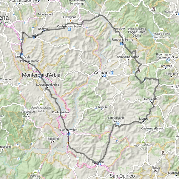 Miniatura della mappa di ispirazione al ciclismo "Ruote Sulle Strade Tooscane" nella regione di Toscana, Italy. Generata da Tarmacs.app, pianificatore di rotte ciclistiche